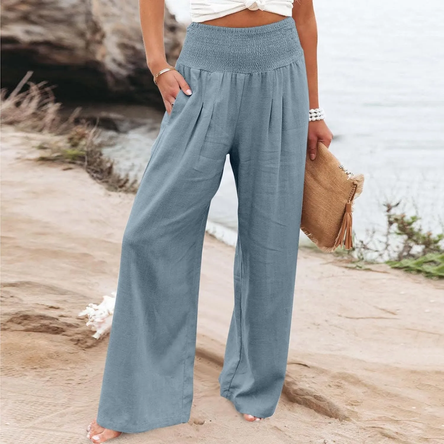 4th of July Wide Leg Pants for Women Patriotic Elastic Waist Independence Day Red White and Blue Pants with Pockets