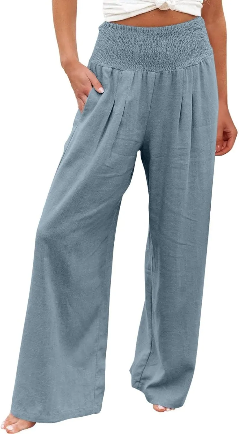 4th of July Wide Leg Pants for Women Patriotic Elastic Waist Independence Day Red White and Blue Pants with Pockets