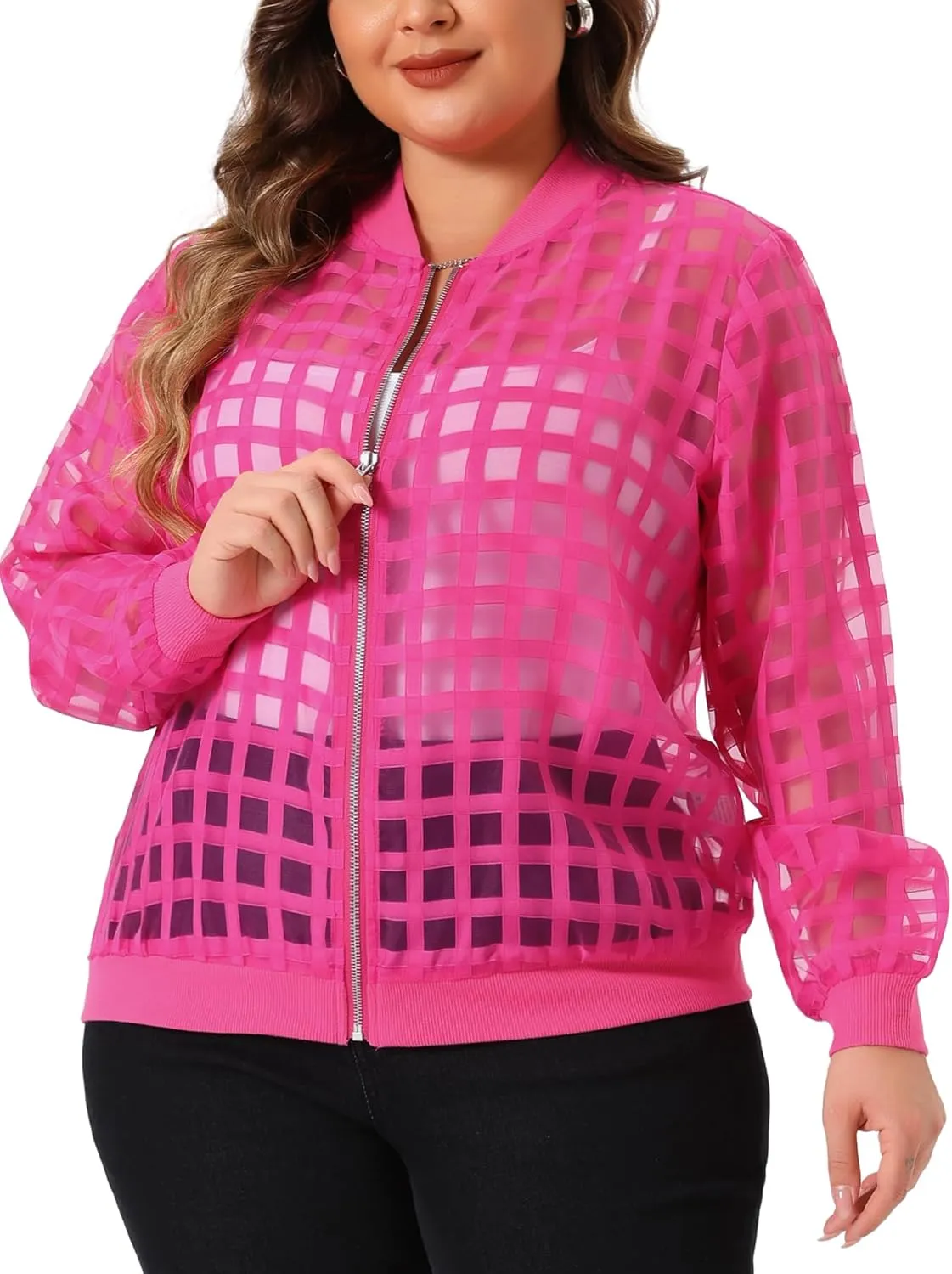Agnes Orinda Plus Size Bomber Jacket for Women Hollow Out Long Sleeve Baseball Collar Zip Up Outerwear
