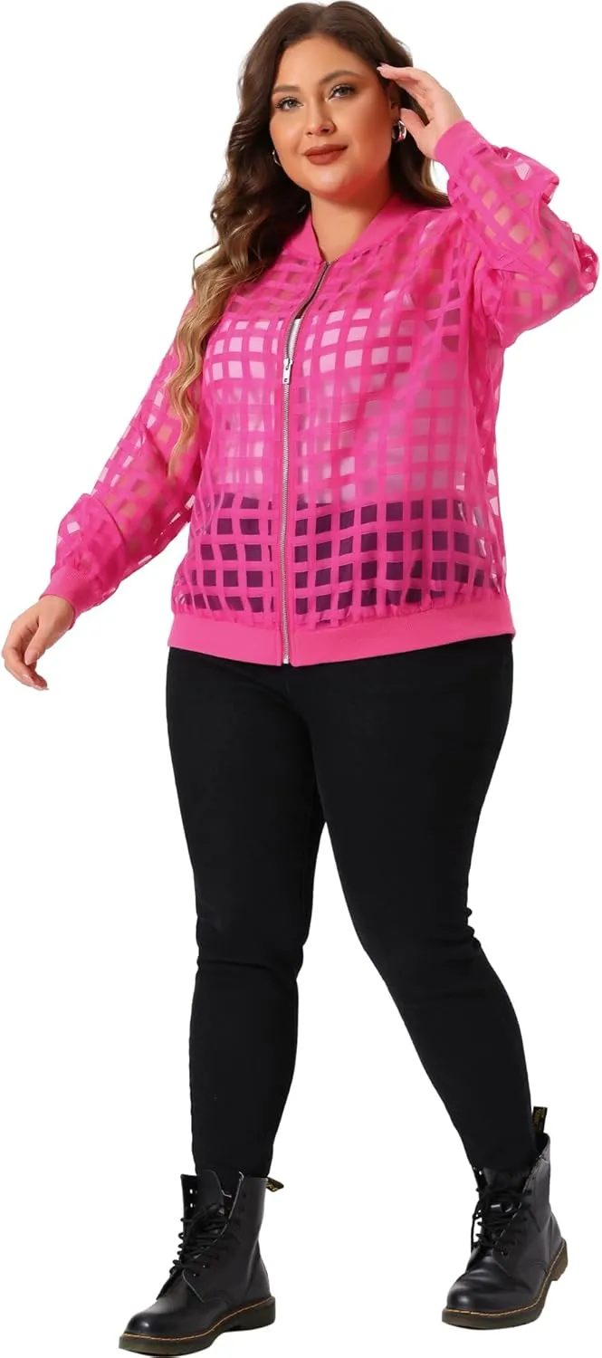 Agnes Orinda Plus Size Bomber Jacket for Women Hollow Out Long Sleeve Baseball Collar Zip Up Outerwear