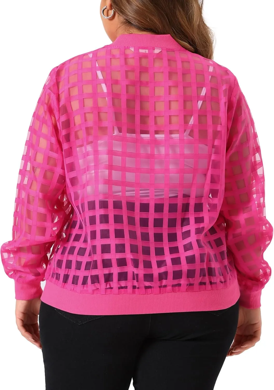 Agnes Orinda Plus Size Bomber Jacket for Women Hollow Out Long Sleeve Baseball Collar Zip Up Outerwear