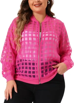 Agnes Orinda Plus Size Bomber Jacket for Women Hollow Out Long Sleeve Baseball Collar Zip Up Outerwear