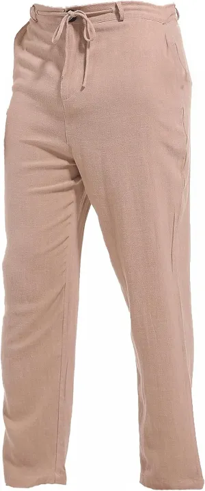 AITFINEISM Men's Casual Cotton Linen Pants Straight Fit Drawstring Pant with Back Elastic Waistband