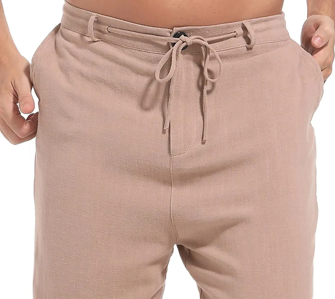 AITFINEISM Men's Casual Cotton Linen Pants Straight Fit Drawstring Pant with Back Elastic Waistband