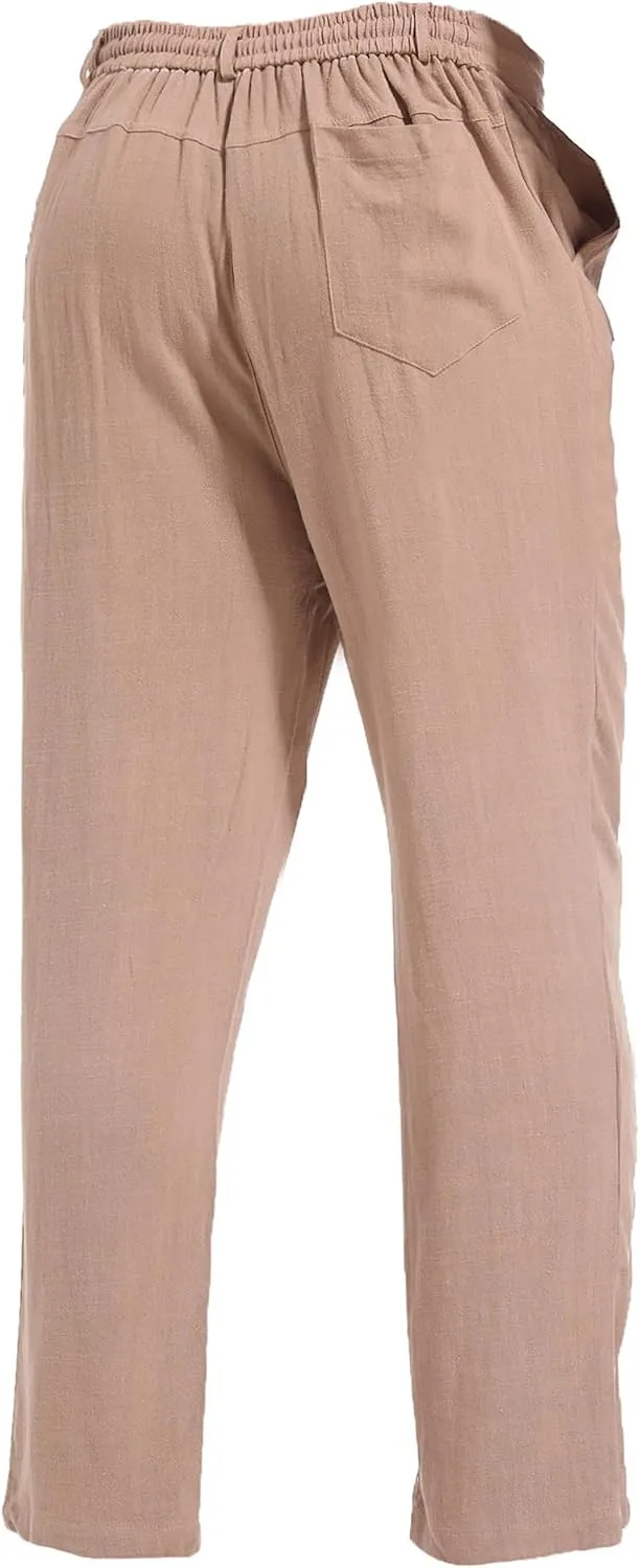AITFINEISM Men's Casual Cotton Linen Pants Straight Fit Drawstring Pant with Back Elastic Waistband