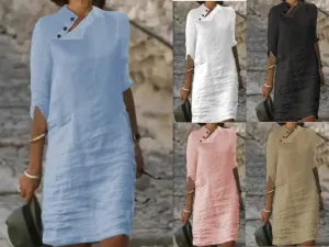 Akivide Womens Cotton Linen Half Sleeve Midi Dress with Pockets 2025 Loose Stand Collar Button Knee Length Linen Shift Dress
