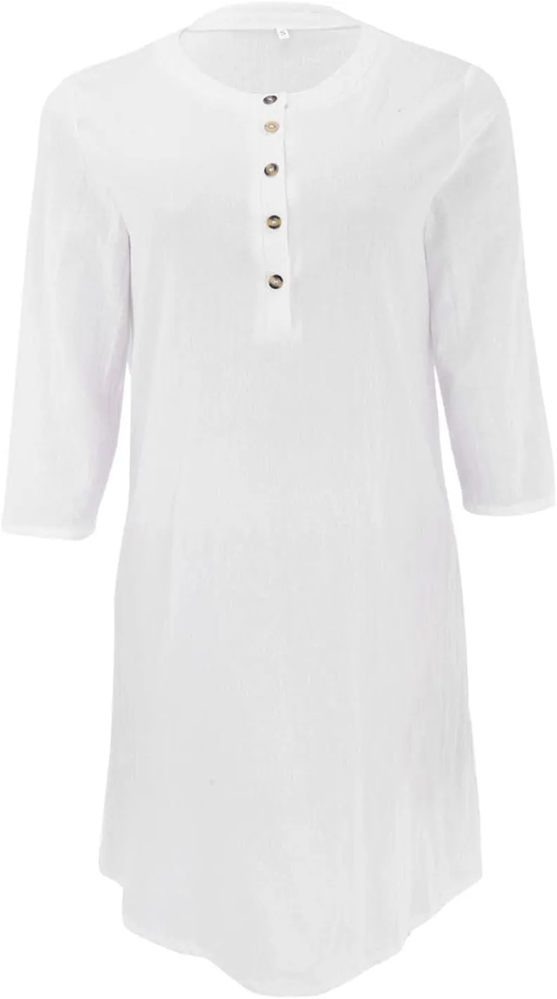 Akivide Womens Cotton Linen Half Sleeve Midi Dress with Pockets 2025 Loose Stand Collar Button Knee Length Linen Shift Dress