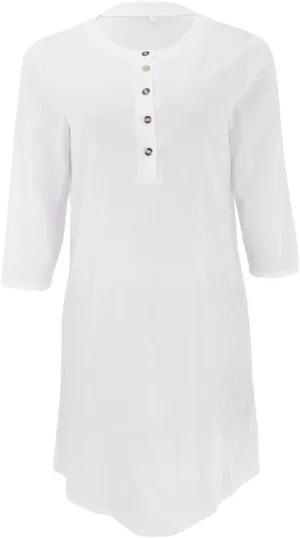 Akivide Womens Cotton Linen Half Sleeve Midi Dress with Pockets 2025 Loose Stand Collar Button Knee Length Linen Shift Dress