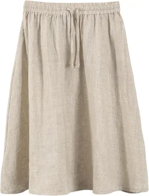 Amazhiyu Womens Pure Linen A Line Pleated Midi Skirt Elastic Waist with Pockets