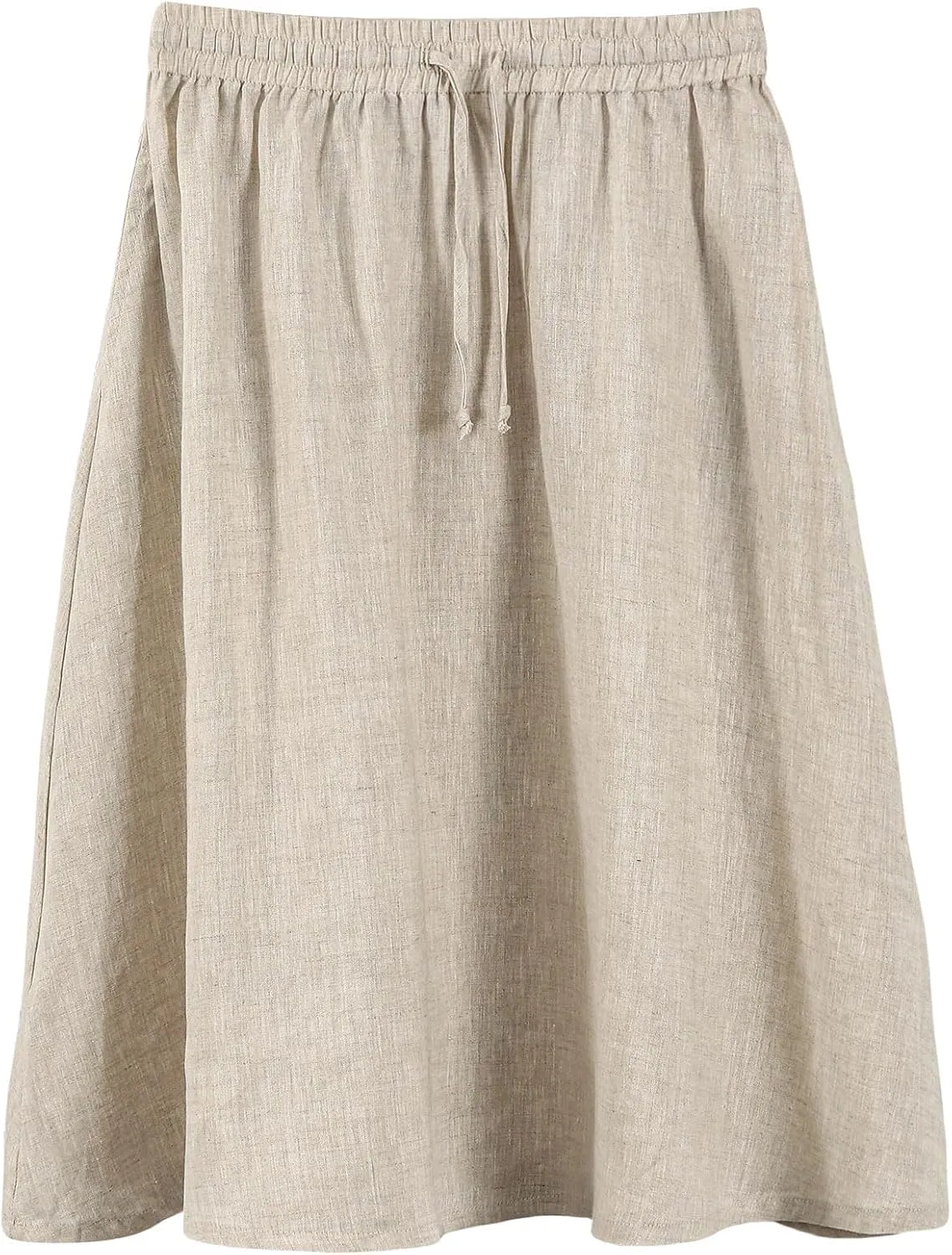 Amazhiyu Womens Pure Linen A Line Pleated Midi Skirt Elastic Waist with Pockets