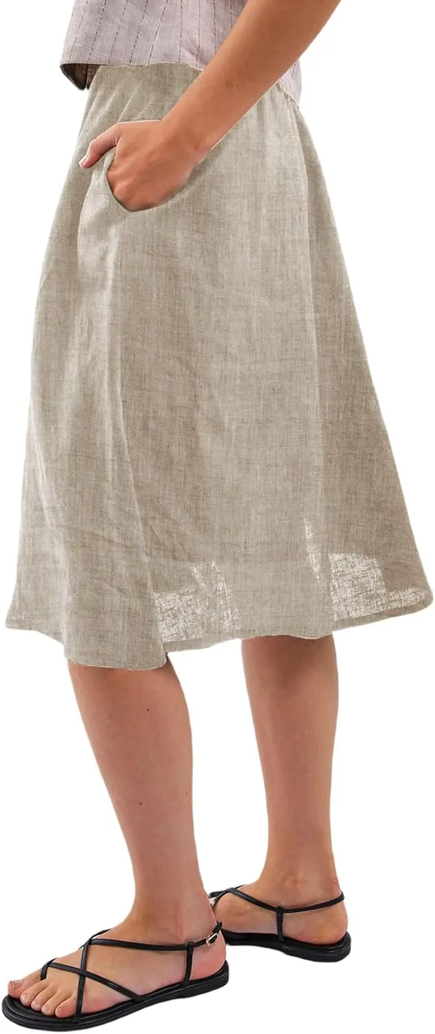 Amazhiyu Womens Pure Linen A Line Pleated Midi Skirt Elastic Waist with Pockets