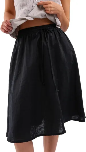 Amazhiyu Womens Pure Linen A Line Pleated Midi Skirt Elastic Waist with Pockets