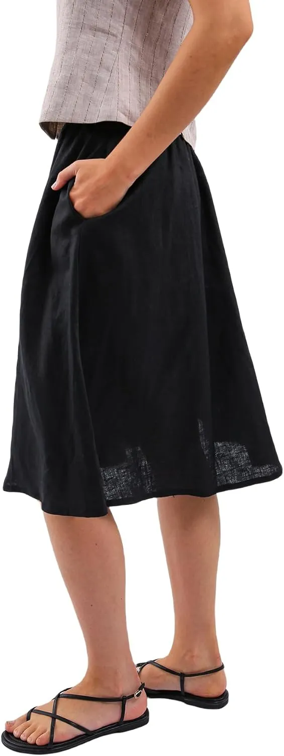 Amazhiyu Womens Pure Linen A Line Pleated Midi Skirt Elastic Waist with Pockets