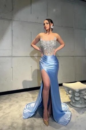 Amazing Column Satin Lace Sleeveless Prom Dress With Split