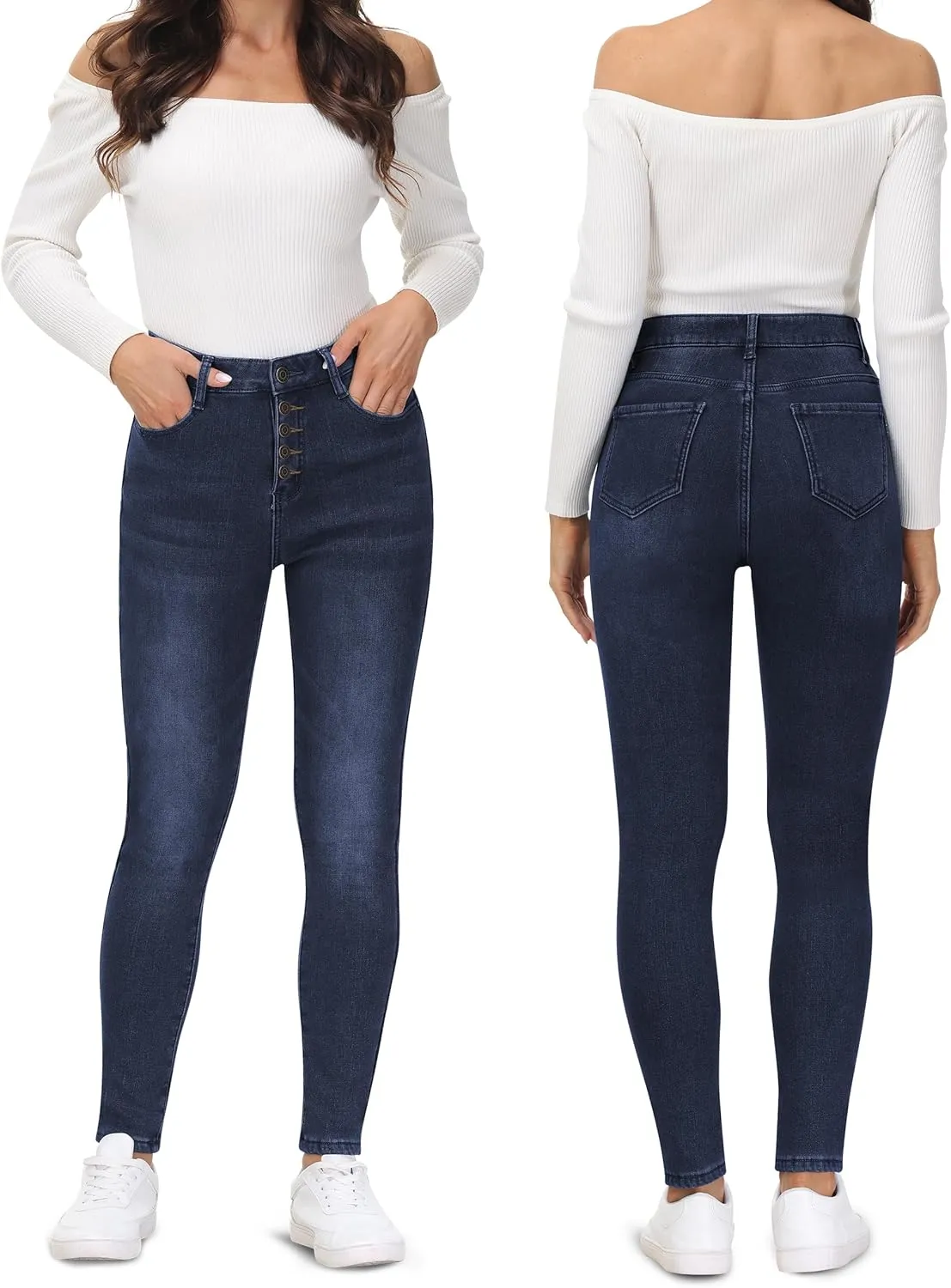 AMRSPENG Women's Fleece Lined Jeans Winter Flannel Lined Pants Thicken Stretch Warm Thermal Skinny Jeans