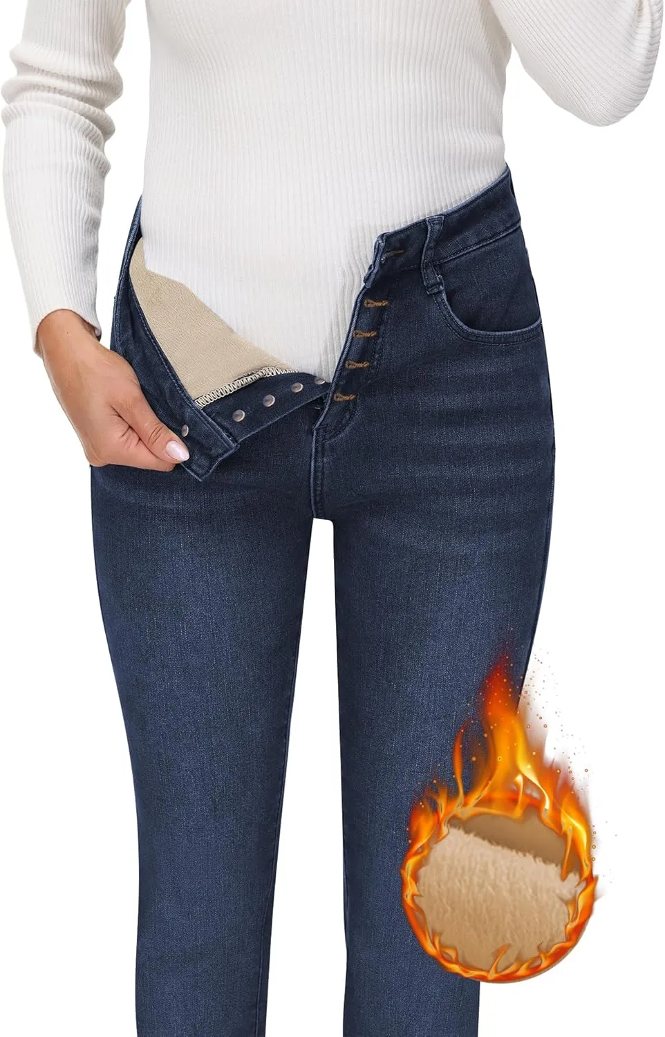 AMRSPENG Women's Fleece Lined Jeans Winter Flannel Lined Pants Thicken Stretch Warm Thermal Skinny Jeans