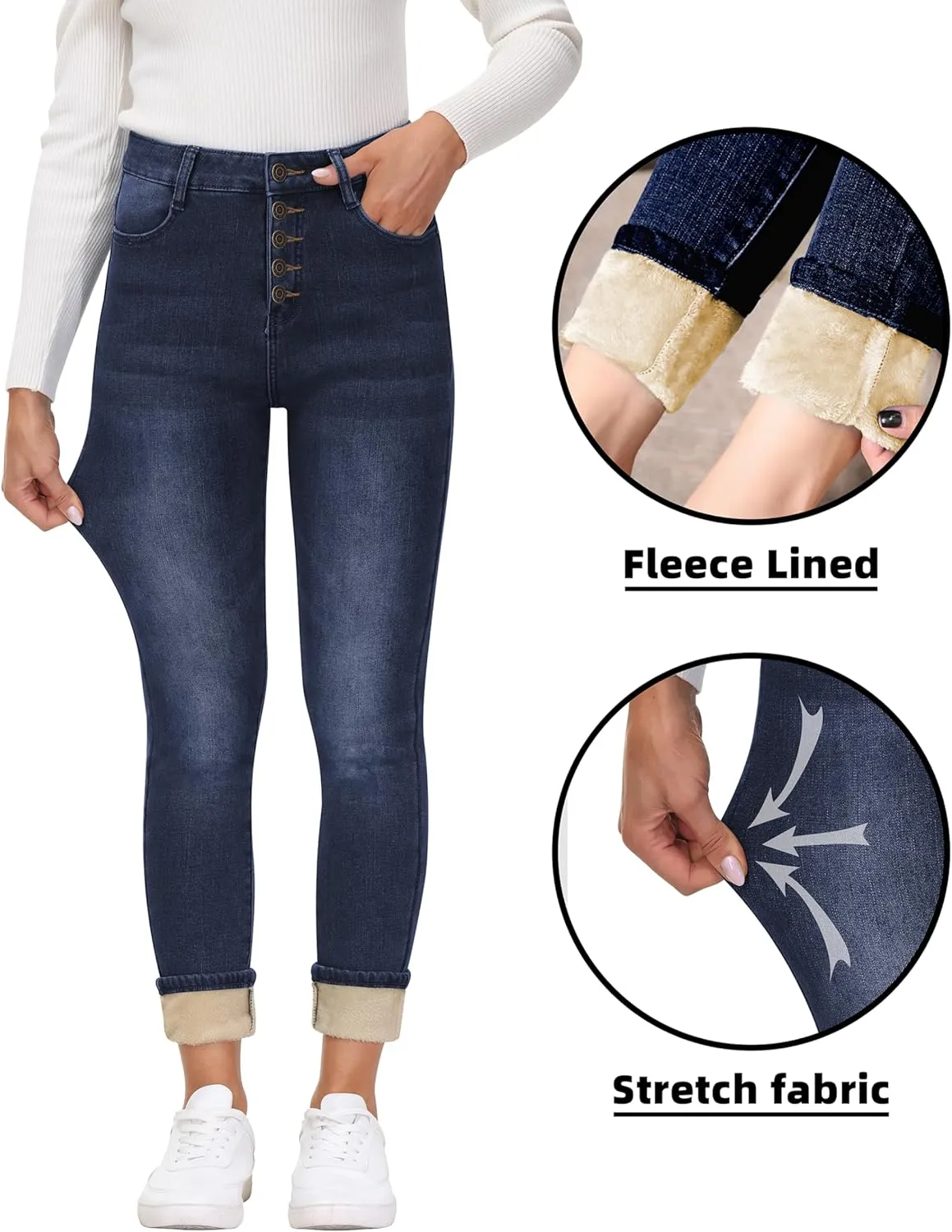 AMRSPENG Women's Fleece Lined Jeans Winter Flannel Lined Pants Thicken Stretch Warm Thermal Skinny Jeans