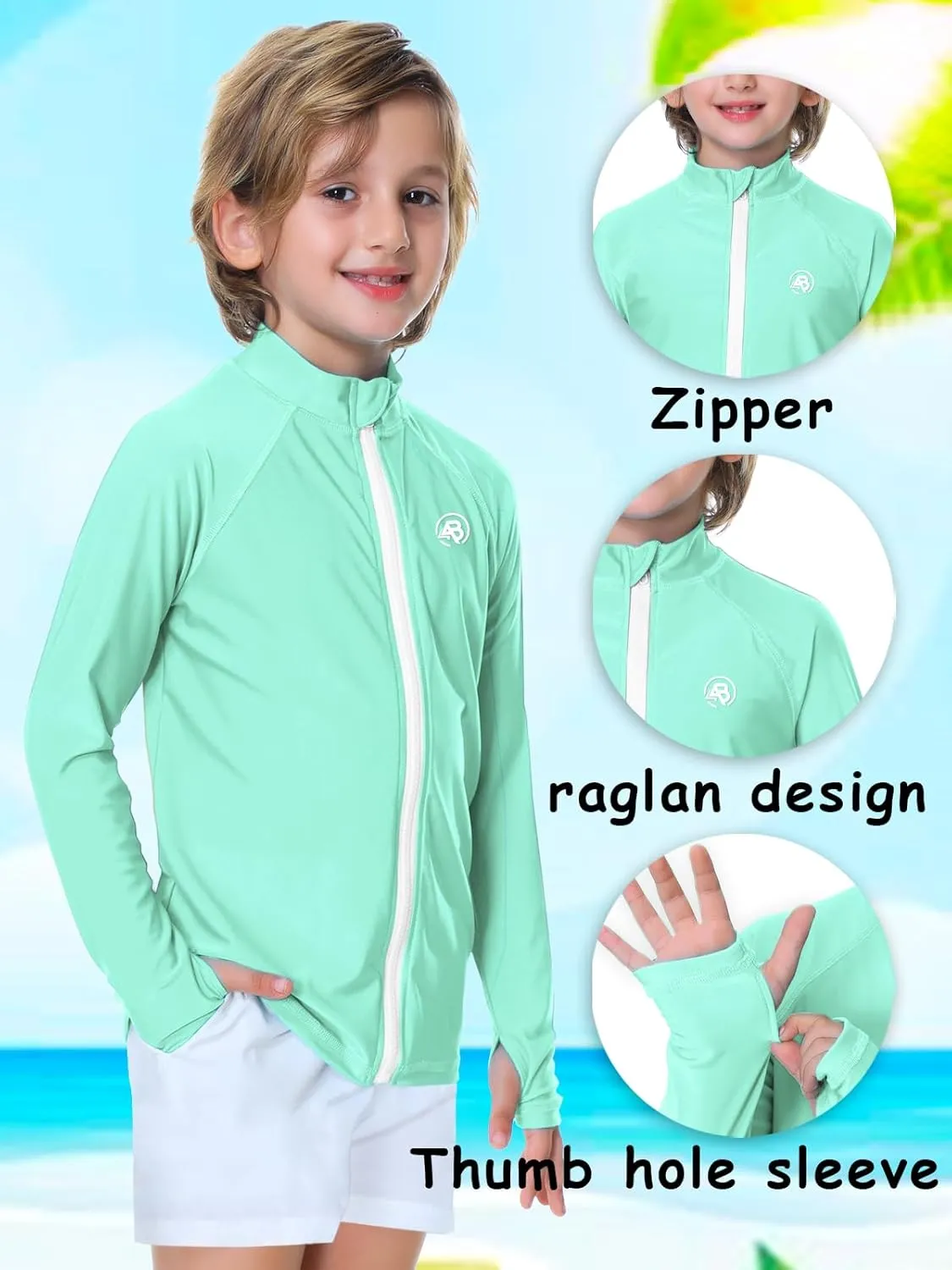 AOBUTE Unisex Kids Zipper Rash Guard Boys UPF 50  UV Protection Sun Shirt with Thumb Hole 3-12 Years