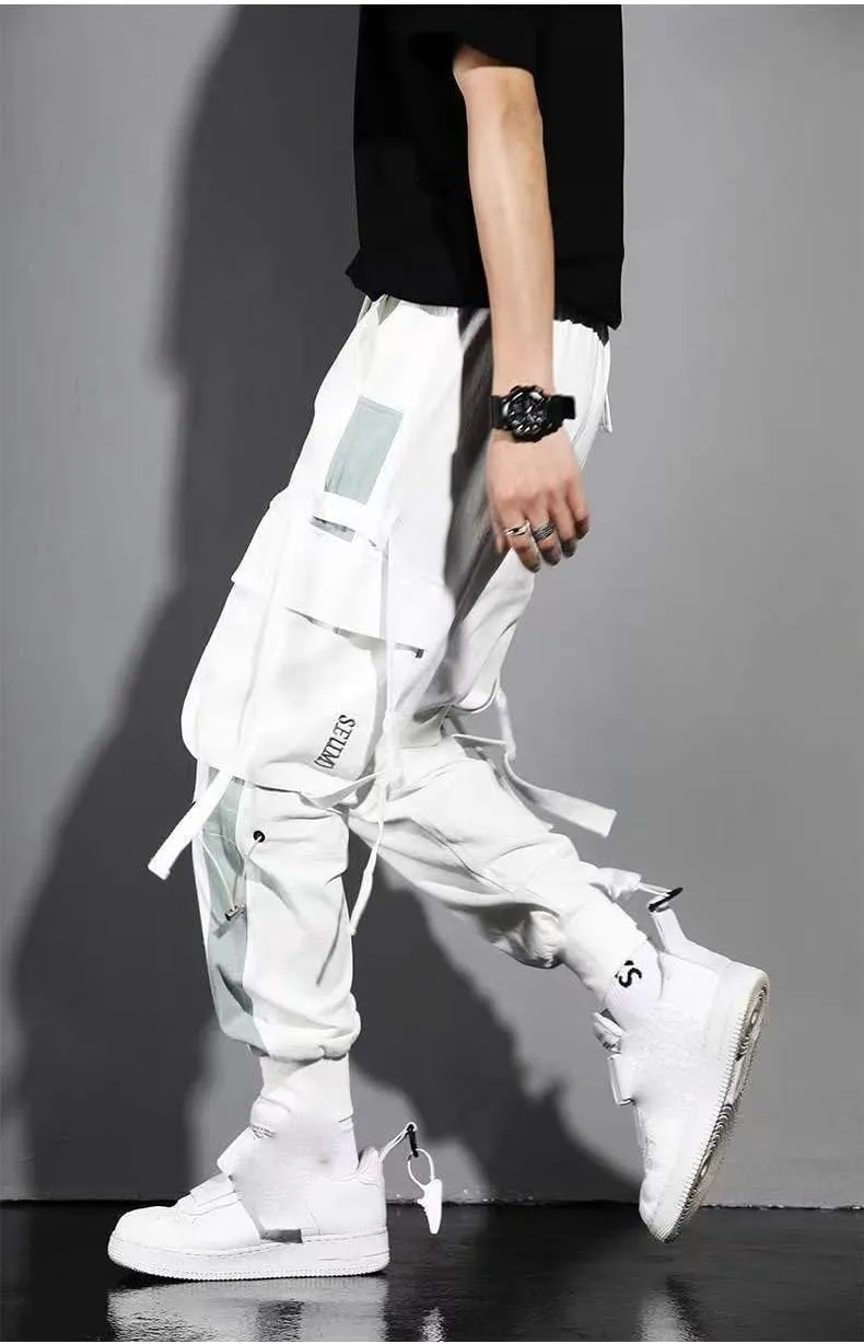 Aoleaky Casual Men's Streetwear Slim Fit Spring Cargo Pants with Ribbons Harem Jogging Pants Featuring Multiple Pockets