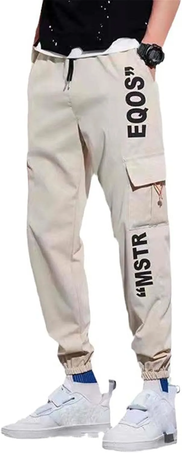 Aoleaky Casual Men's Streetwear Slim Fit Spring Cargo Pants with Ribbons Harem Jogging Pants Featuring Multiple Pockets