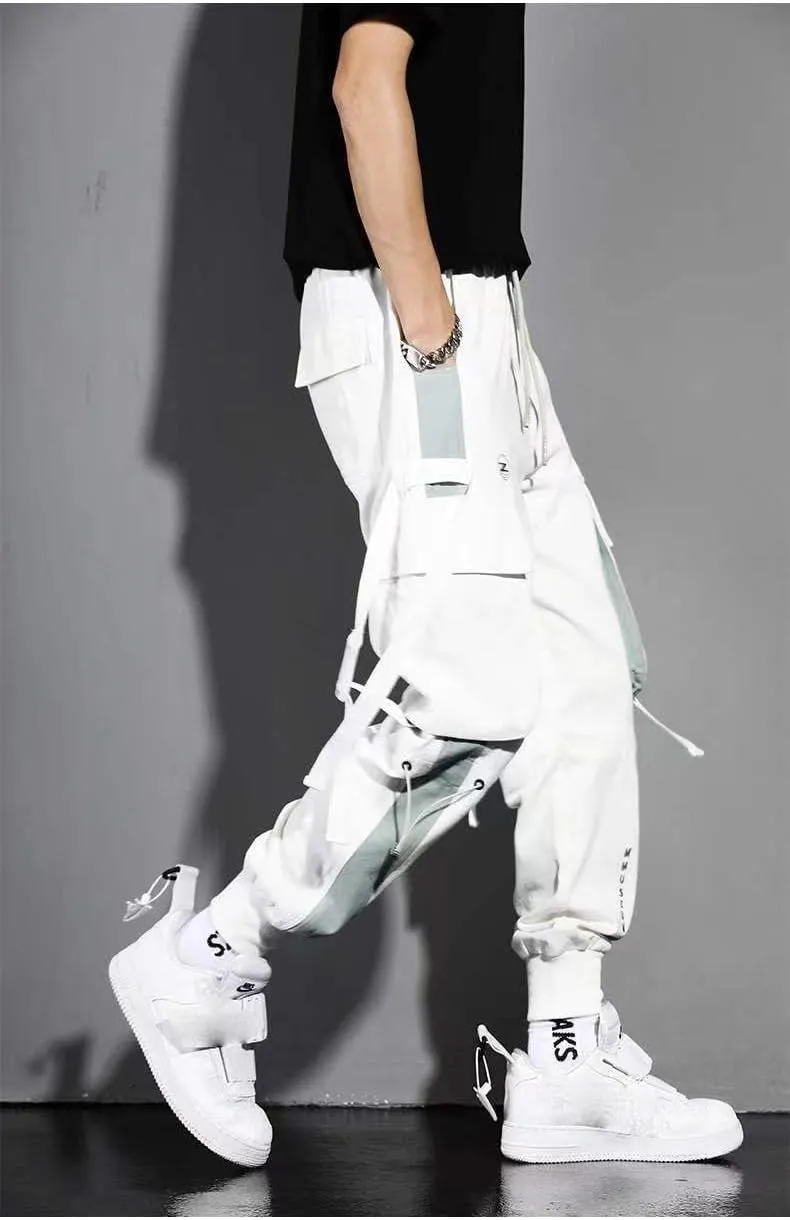 Aoleaky Casual Men's Streetwear Slim Fit Spring Cargo Pants with Ribbons Harem Jogging Pants Featuring Multiple Pockets