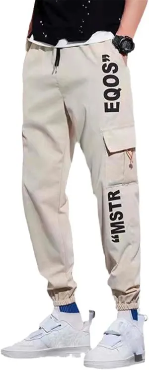 Aoleaky Casual Men's Streetwear Slim Fit Spring Cargo Pants with Ribbons Harem Jogging Pants Featuring Multiple Pockets
