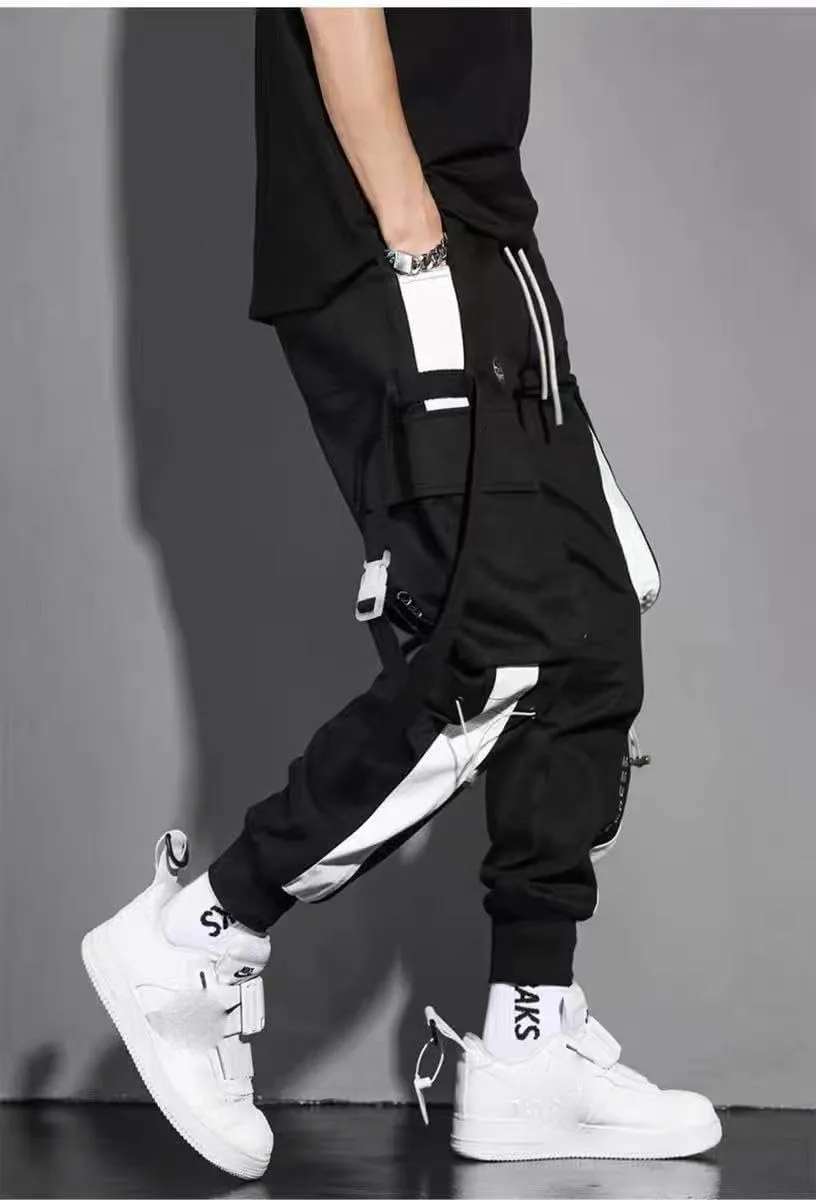 Aoleaky Casual Men's Streetwear Slim Fit Spring Cargo Pants with Ribbons Harem Jogging Pants Featuring Multiple Pockets