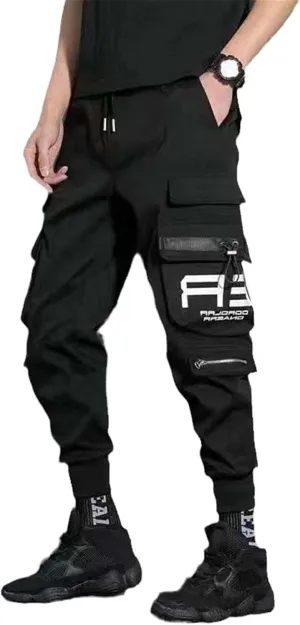 Aoleaky Men's Spring Cargo Pants Casual Streetwear Style with Ribbons Harem Jogging Pants and Multiple-Pocket Trousers