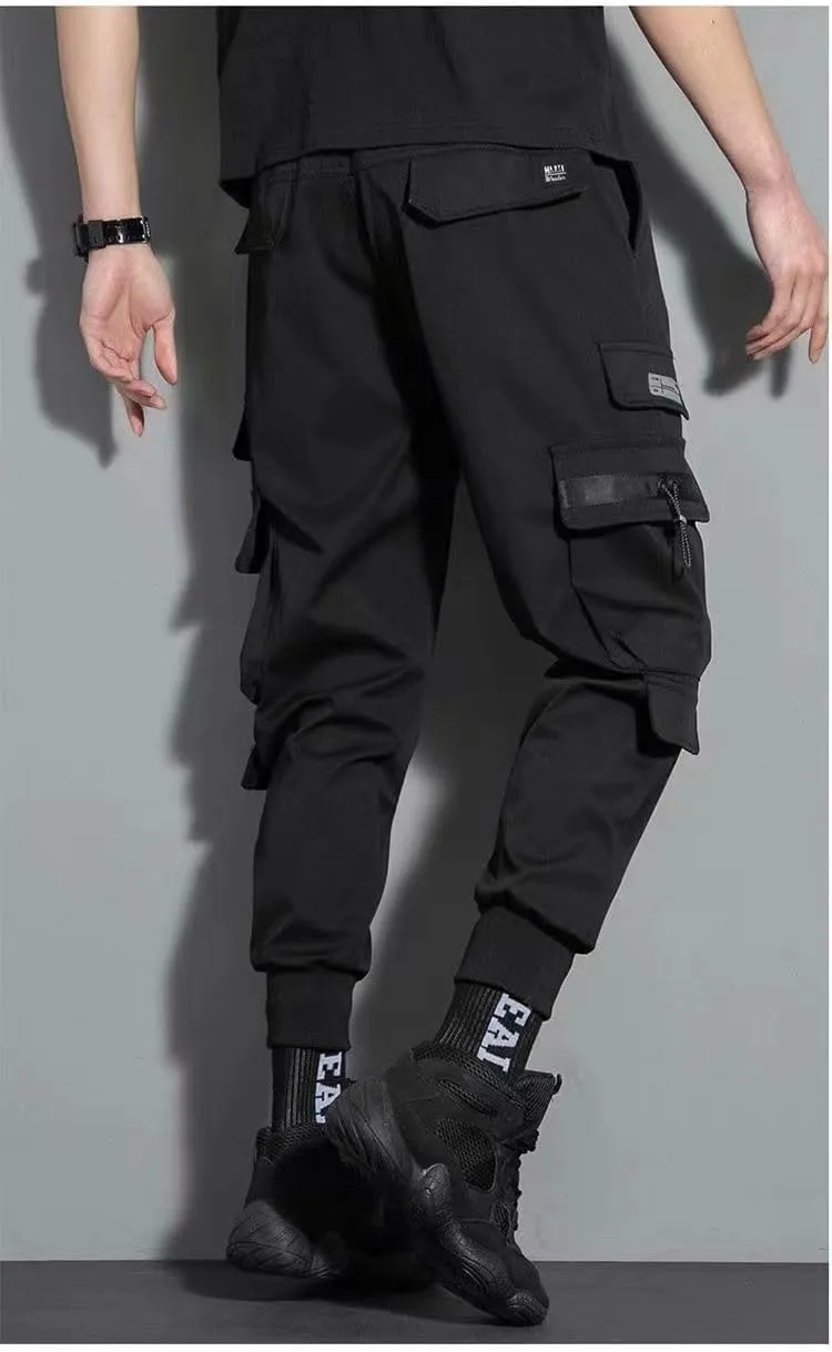 Aoleaky Men's Spring Cargo Pants Casual Streetwear Style with Ribbons Harem Jogging Pants and Multiple-Pocket Trousers