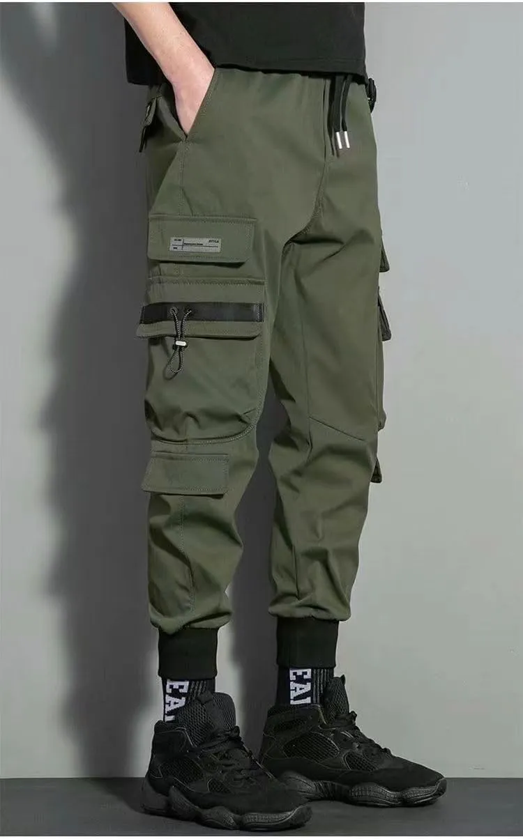 Aoleaky Men's Spring Cargo Pants Casual Streetwear Style with Ribbons Harem Jogging Pants and Multiple-Pocket Trousers