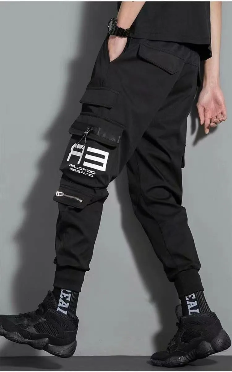 Aoleaky Men's Spring Cargo Pants Casual Streetwear Style with Ribbons Harem Jogging Pants and Multiple-Pocket Trousers