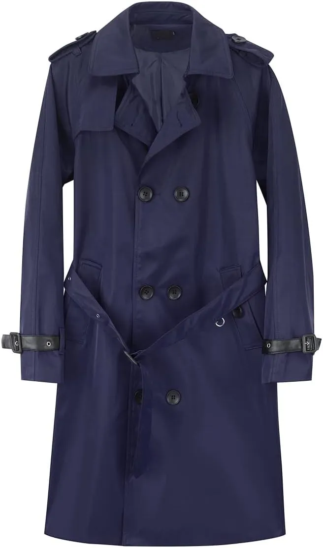 AOWOFS Men's Double Breasted Trench Coat Stylish Slim Fit Mid Long Belted Windbreaker