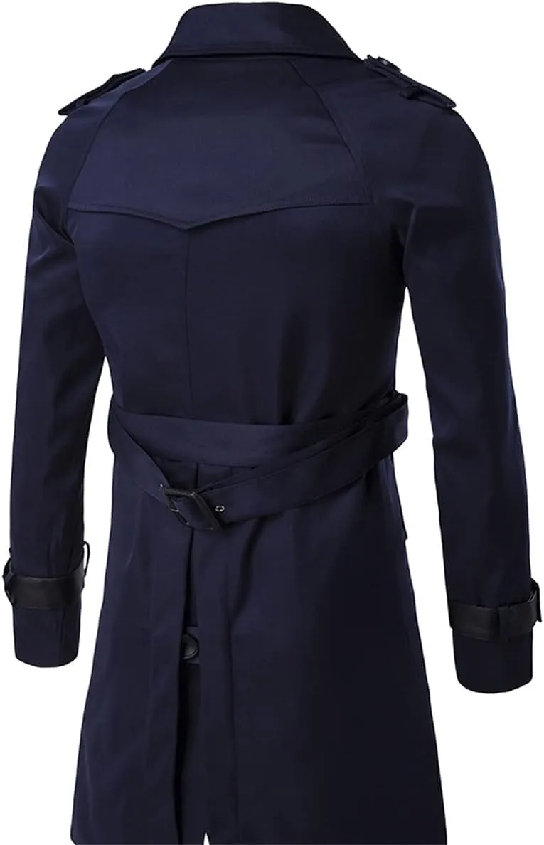 AOWOFS Men's Double Breasted Trench Coat Stylish Slim Fit Mid Long Belted Windbreaker