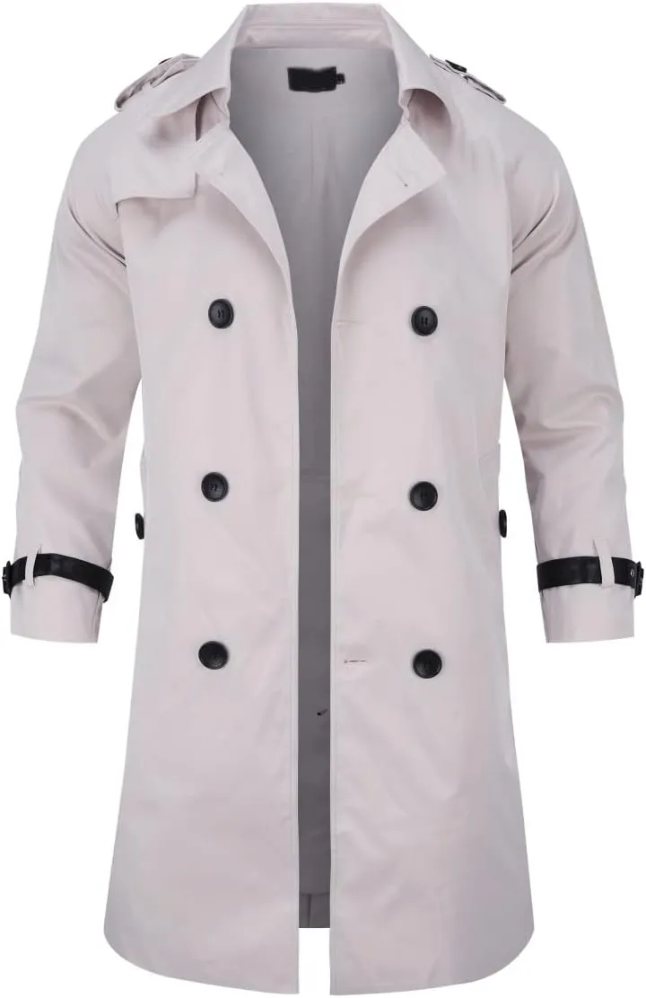 AOWOFS Men's Double Breasted Trench Coat Stylish Slim Fit Mid Long Belted Windbreaker