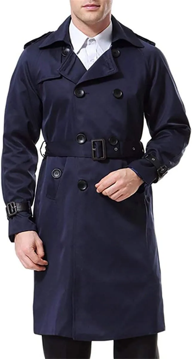 AOWOFS Men's Double Breasted Trench Coat Stylish Slim Fit Mid Long Belted Windbreaker