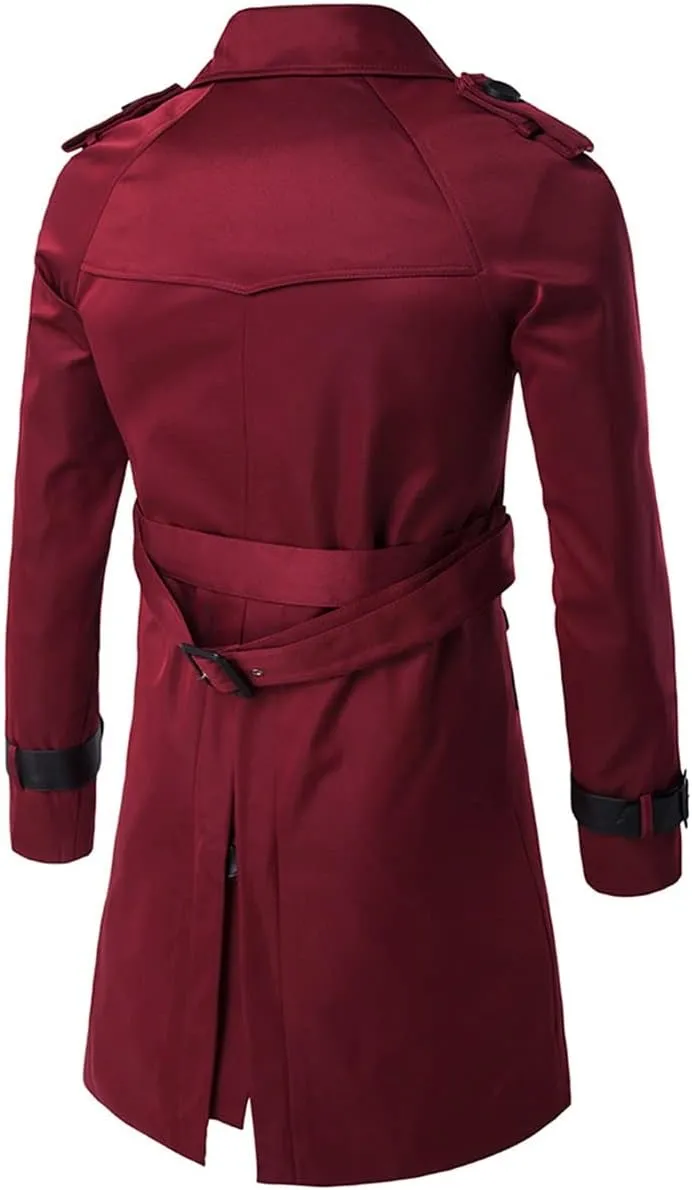 AOWOFS Men's Double Breasted Trench Coat Stylish Slim Fit Mid Long Belted Windbreaker