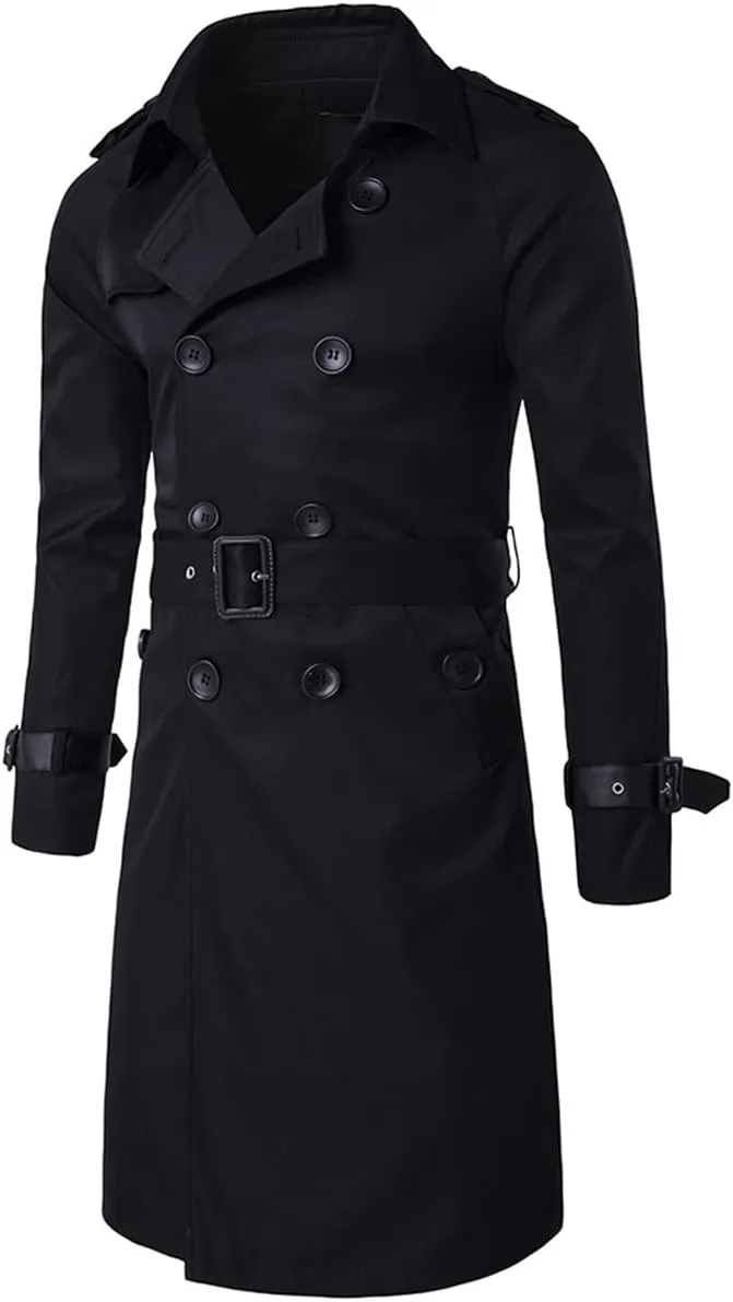 AOWOFS Men's Double Breasted Trench Coat Stylish Slim Fit Mid Long Belted Windbreaker