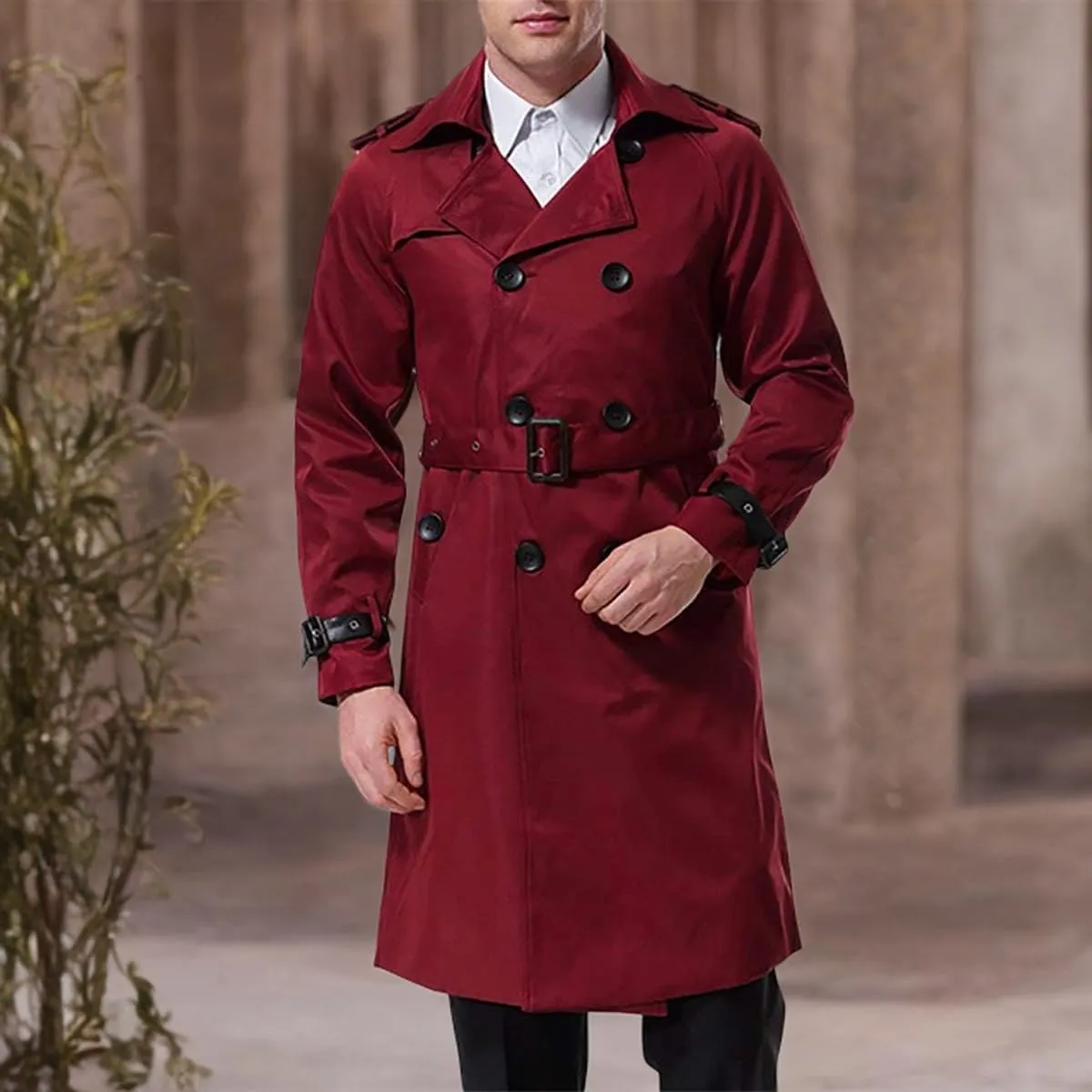 AOWOFS Men's Double Breasted Trench Coat Stylish Slim Fit Mid Long Belted Windbreaker