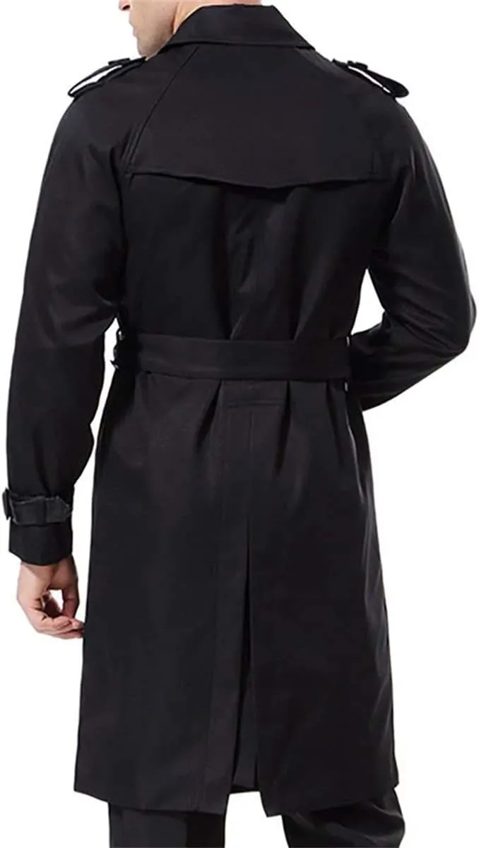 AOWOFS Men's Double Breasted Trench Coat Stylish Slim Fit Mid Long Belted Windbreaker