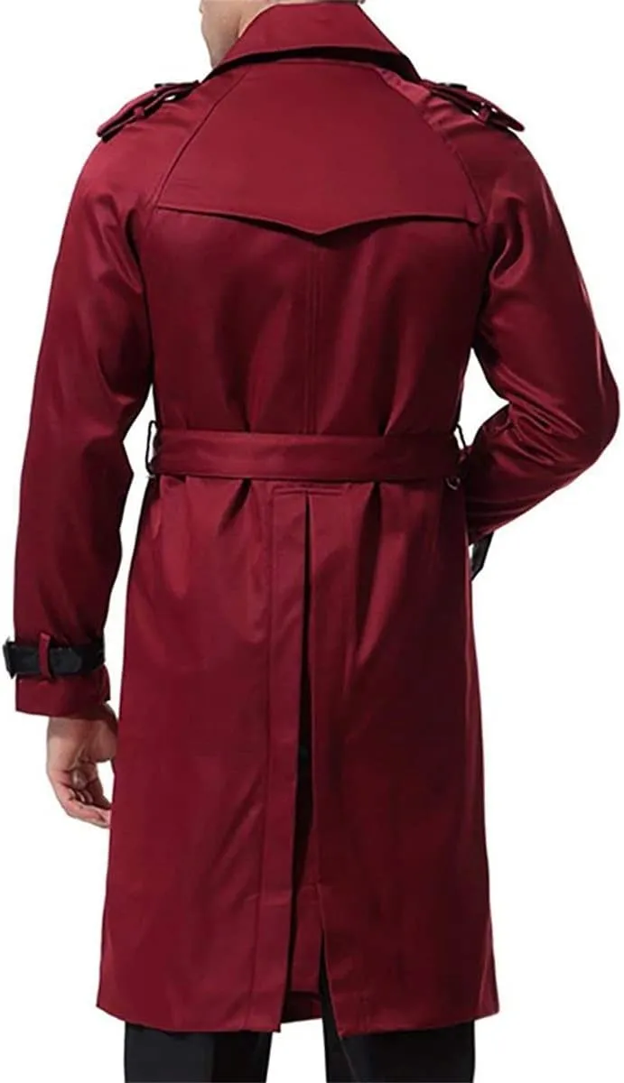 AOWOFS Men's Double Breasted Trench Coat Stylish Slim Fit Mid Long Belted Windbreaker