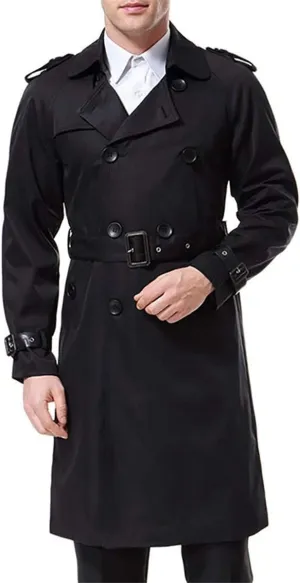 AOWOFS Men's Double Breasted Trench Coat Stylish Slim Fit Mid Long Belted Windbreaker