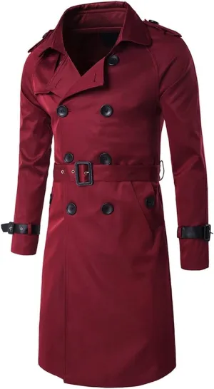 AOWOFS Men's Double Breasted Trench Coat Stylish Slim Fit Mid Long Belted Windbreaker