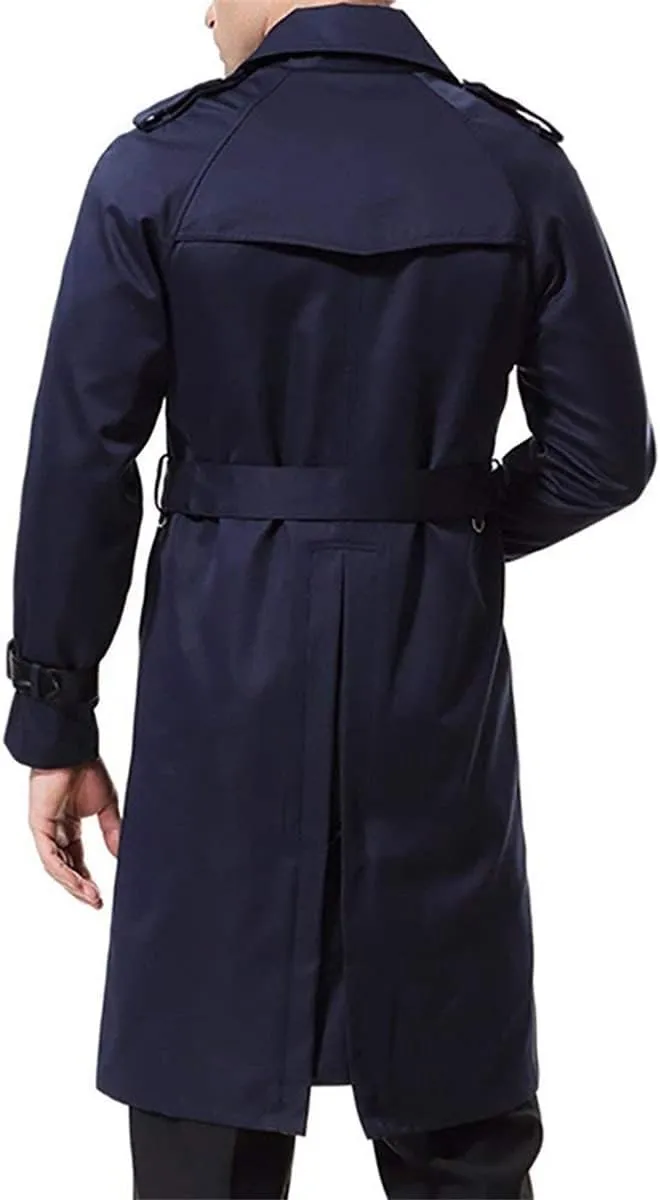 AOWOFS Men's Double Breasted Trench Coat Stylish Slim Fit Mid Long Belted Windbreaker