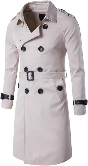 AOWOFS Men's Double Breasted Trench Coat Stylish Slim Fit Mid Long Belted Windbreaker