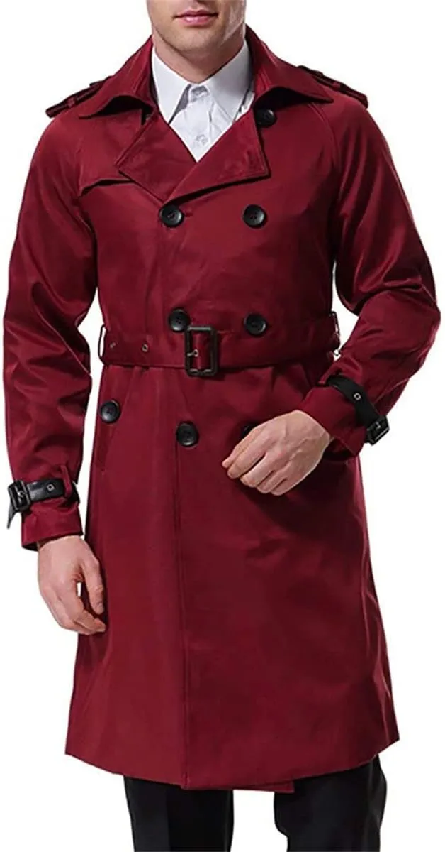 AOWOFS Men's Double Breasted Trench Coat Stylish Slim Fit Mid Long Belted Windbreaker