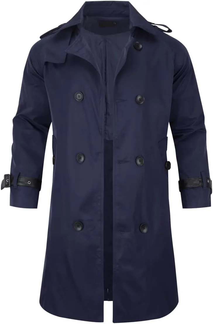 AOWOFS Men's Double Breasted Trench Coat Stylish Slim Fit Mid Long Belted Windbreaker