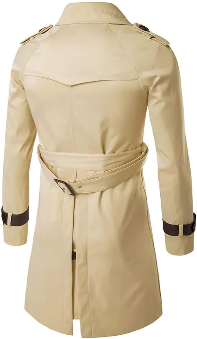 AOWOFS Men's Double Breasted Trench Coat Stylish Slim Fit Mid Long Belted Windbreaker