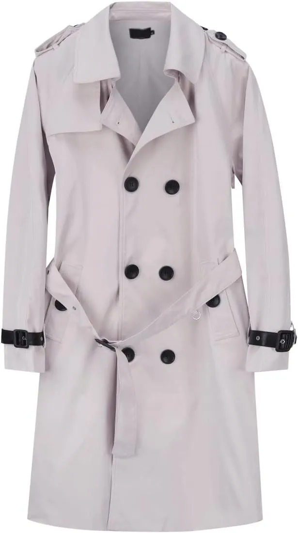 AOWOFS Men's Double Breasted Trench Coat Stylish Slim Fit Mid Long Belted Windbreaker
