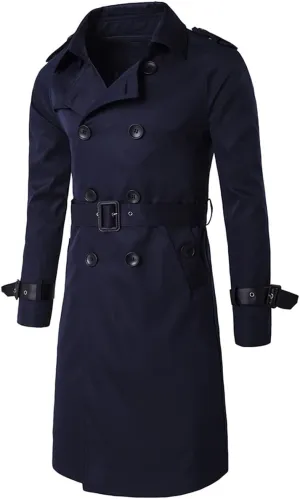AOWOFS Men's Double Breasted Trench Coat Stylish Slim Fit Mid Long Belted Windbreaker