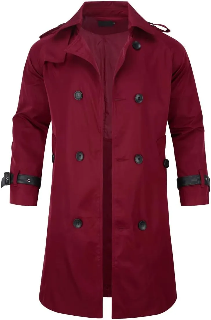 AOWOFS Men's Double Breasted Trench Coat Stylish Slim Fit Mid Long Belted Windbreaker